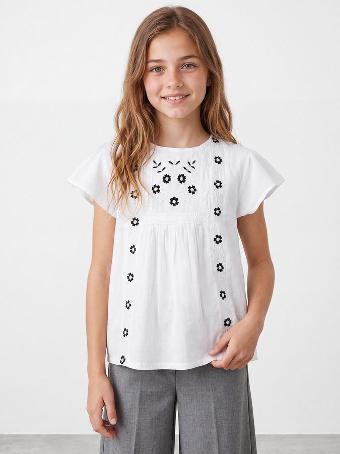 R&B Girls White Embroidered Regular Fit Short Sleeves Top