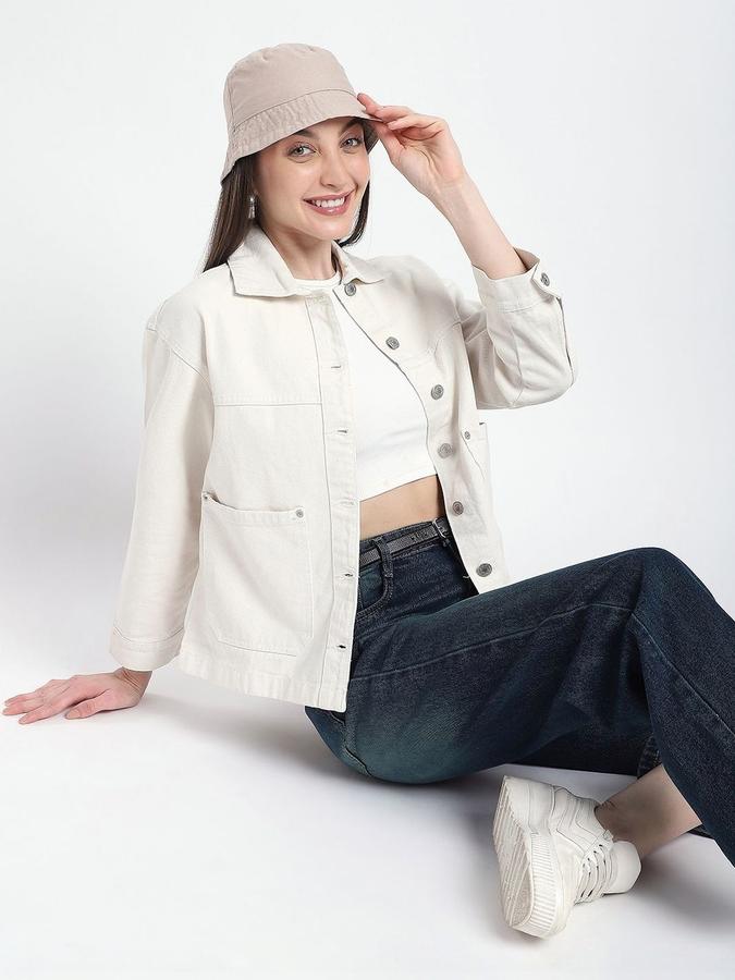R&B Women Ivory Long Sleeves Solid Shirt Collar Jacket