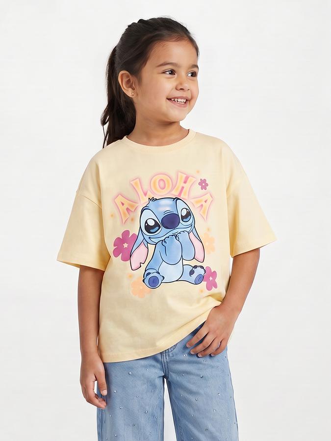 R&B Girls Yellow Regular Fit Stitch Printed Short Sleeve T-shirt