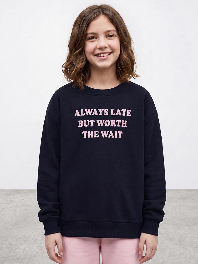 R&B Girls Dark Blue Typography Print Round Neck Long Sleeves Sweatshirt