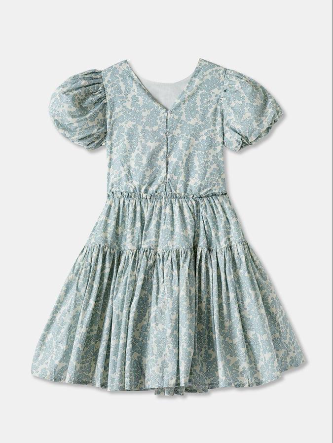 R&B Off White Floral Printed Girls Short Sleeves Dress