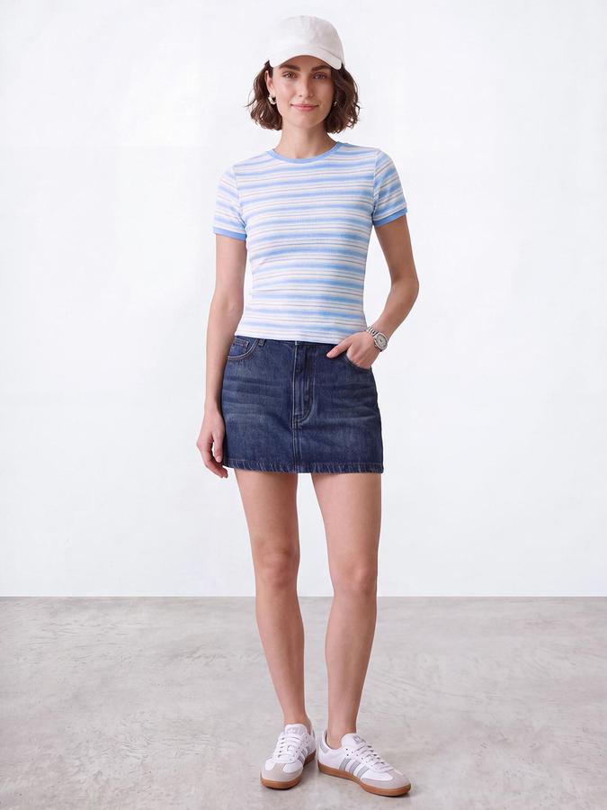 R&B Womens Blue Round Neck Short Sleeves Striped Crop Top