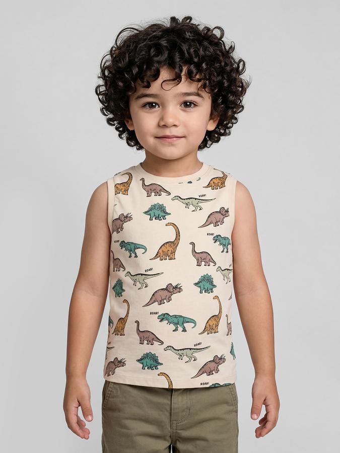 R&B Beige Graphic Print Boys Round Neck Regular Fit Sleeveless T-Shirt 