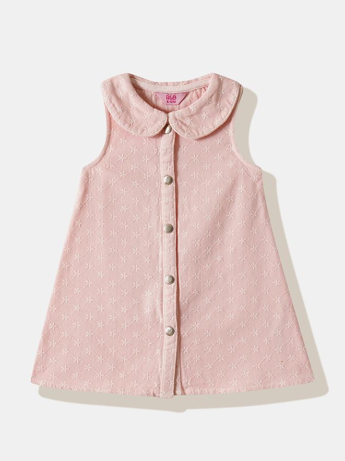 Girls Cotton Regular Fit Peter Pan Collar Embroidered Dress