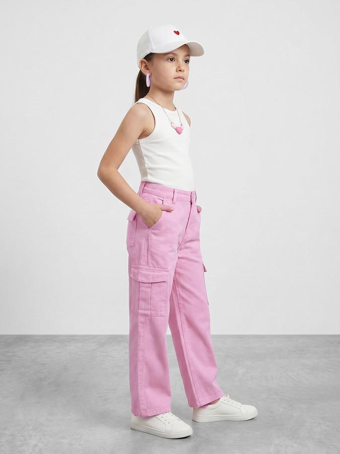 R&B Girls Pink Wide Leg Solid Mid-Rise Cotton Trouser