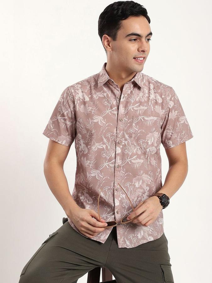 R&B Men Beige Floral Print Half Sleeves Slim Fit Shirt
