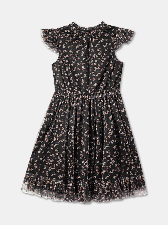Girls Micro Print Boat-Neck A-Line Dress
