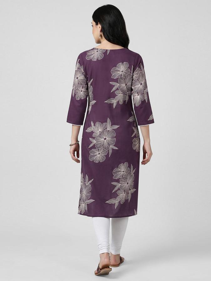 R&B Women Purple Floral Print V-Neck Knee Length Pure Cotton Ethnic Kurta