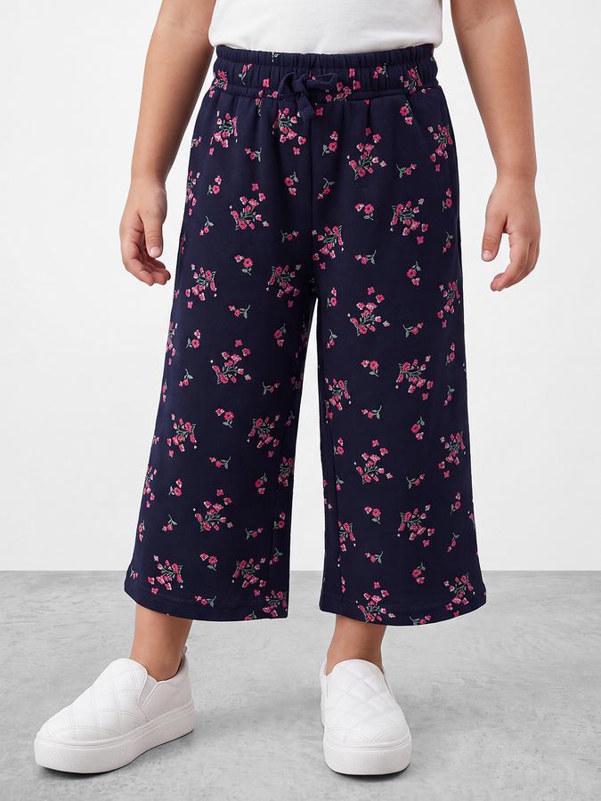 R&B Girls Blue Floral Print Wide Leg Mid Rise Trousers