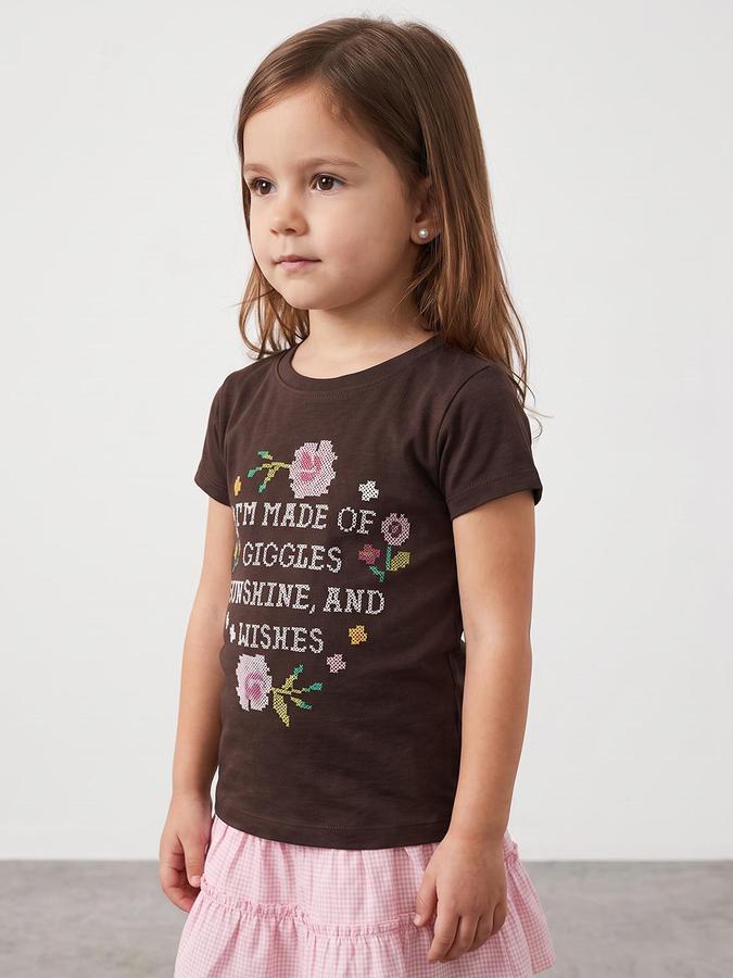 R&B Girls Brown Graphic Print Short Sleeves Round Neck Pure Cotton T-Shirt
