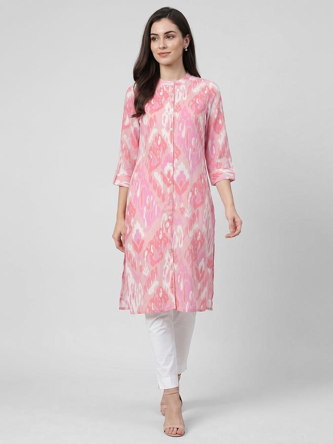 R&B Pink Printed Women Three-Quarter Sleeves Mandarin Collar Kurta