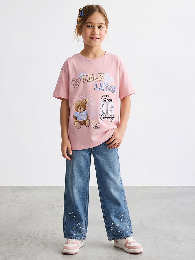 R&B Girls Pink Regular Fit Teddy Bear Printed  Short Sleeve T-shirt