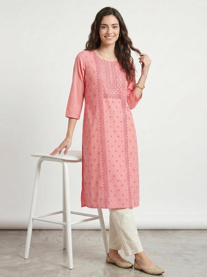 R&B Women Coral Printed Round Neck Three-Quarter Sleeves Calf Length Straight Kurta 
