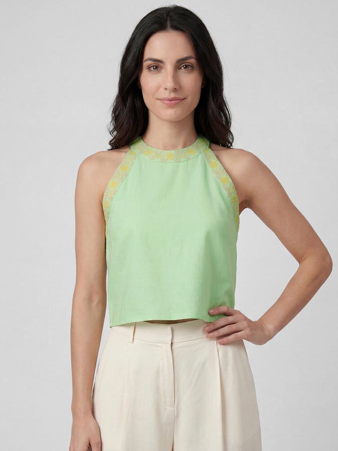 R&B Green Ethnic Motifs Print Halter Neck Sleeveless Women Top