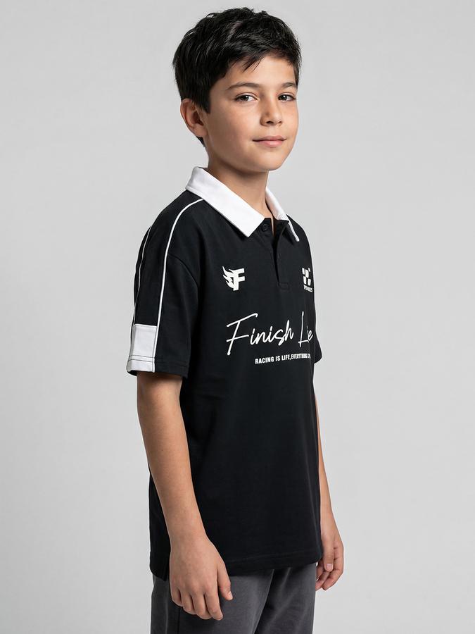 R&B Navy Blue Graphic Print Boys Polo Collar Regular Fit Short Sleeves T-Shirt 