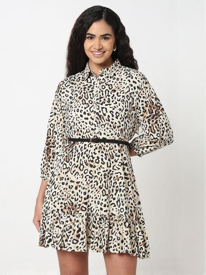 R&B Women Beige Printed Three-Quarter Sleeves Round Neck Mini Fit &amp; Flare Dress