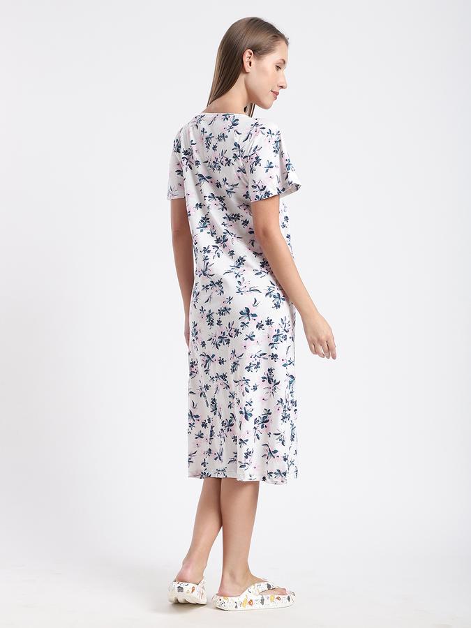 Women Cotton Regular Fit Round Neck Printed Night Shirt