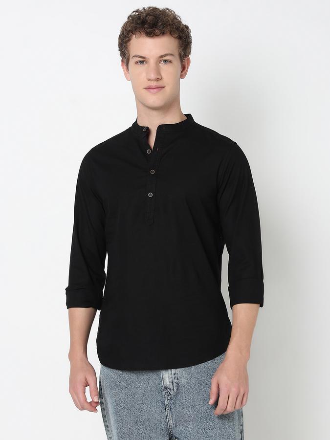 HALF PLACKET KURTA SHIRT - SLUB SHIRT SOLID SINGLE POCKET SLIM FIT image number 1