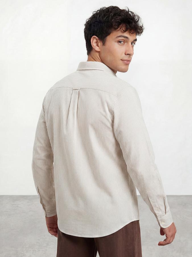 R&B Men Sand Striped Button-Down Full Sleeve Shirt
