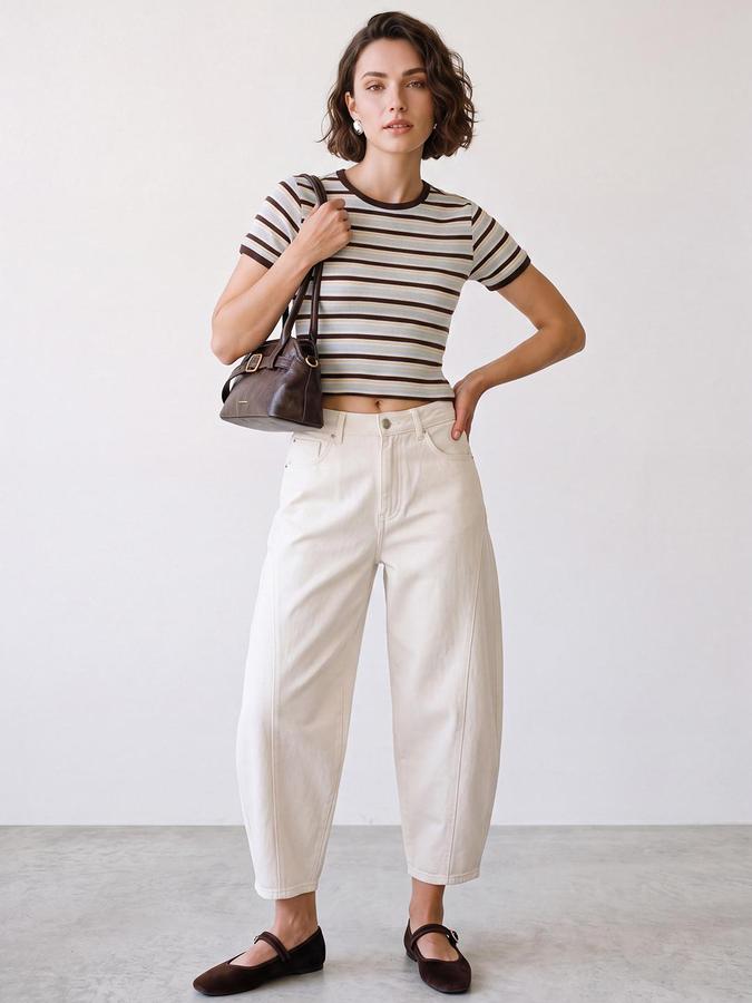 R&B Womens Brown Round Neck Short Sleeves Striped Crop Top