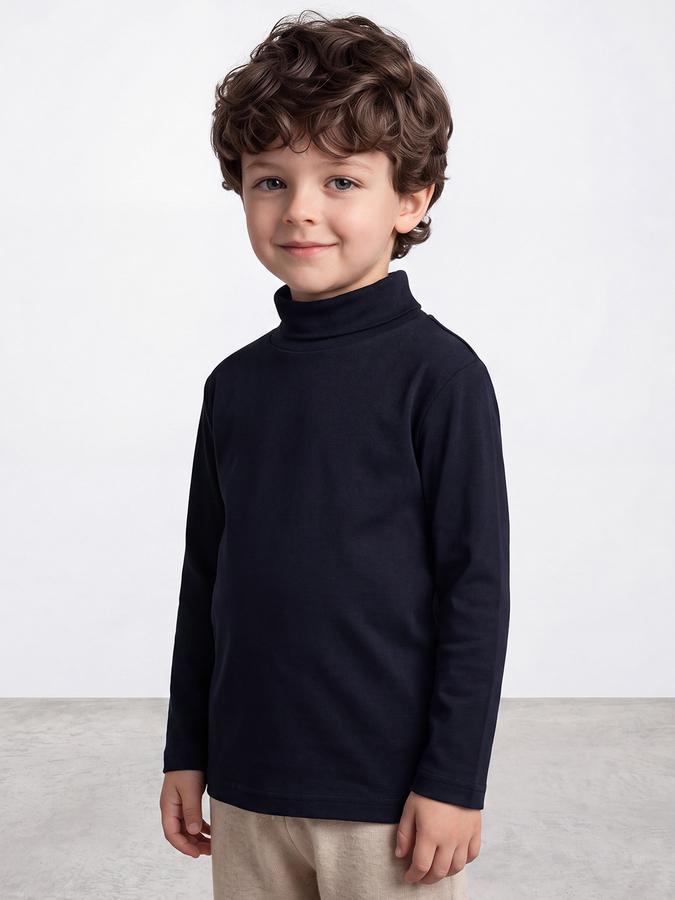 R&B Boys Navy Blue Solid High Neck Long Sleeves Pure Cotton T-shirt