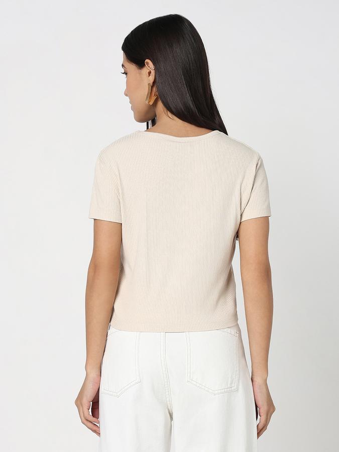 R&B Women Beige Solid Ribbed T-Shirt