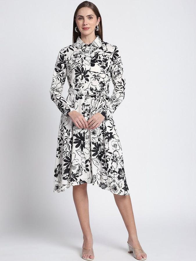 R&B Women Black Floral Long Sleeves Shirt Collar Knee Length A-Line Dress