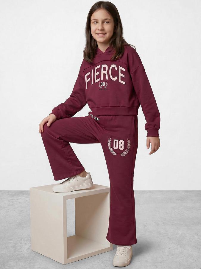 R&B Girls Red Printed Long Sleeves Hooded Neck Sweatshirt& Joggers Set 