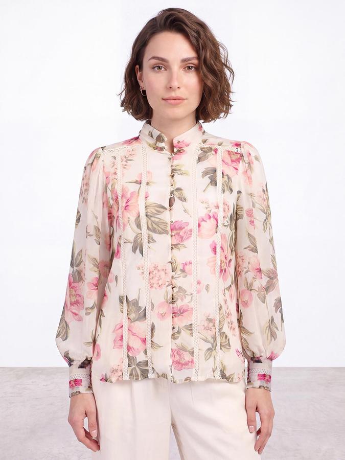 R&B Womens Pink Mandarin Collar Long Sleeves Floral Print Sheer Top
