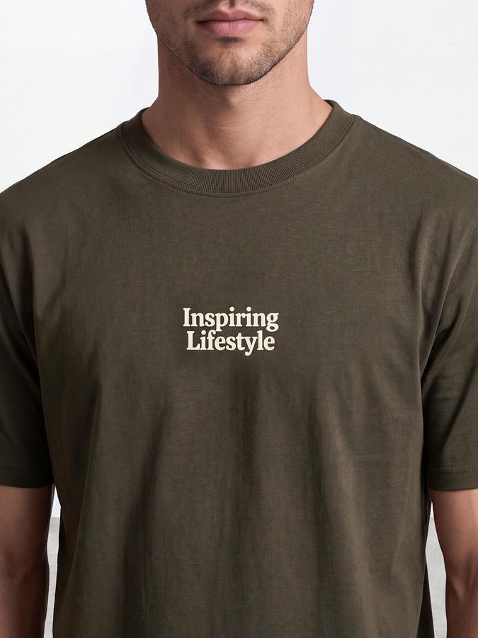 R&B Men Olive Short Sleeve Round Neck Typography Print T-Shirt
