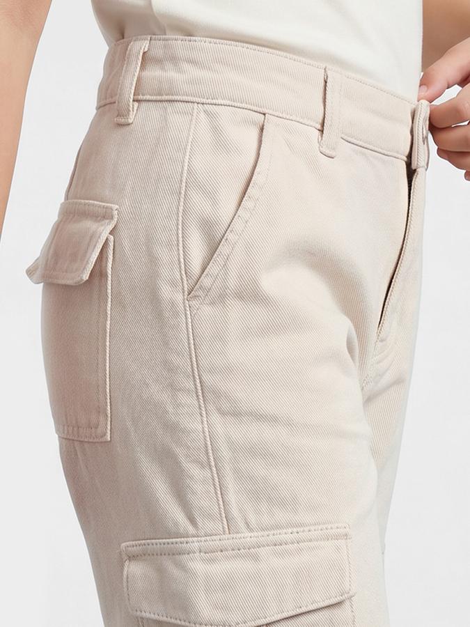 R&B Girls Beige Wide Leg Solid Mid-Rise Cotton Trouser