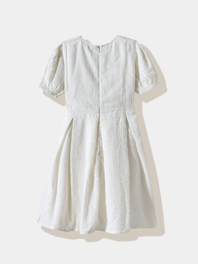 R&B Girls White Self Half Sleeves Round Neck Knee Length A-Line Dress