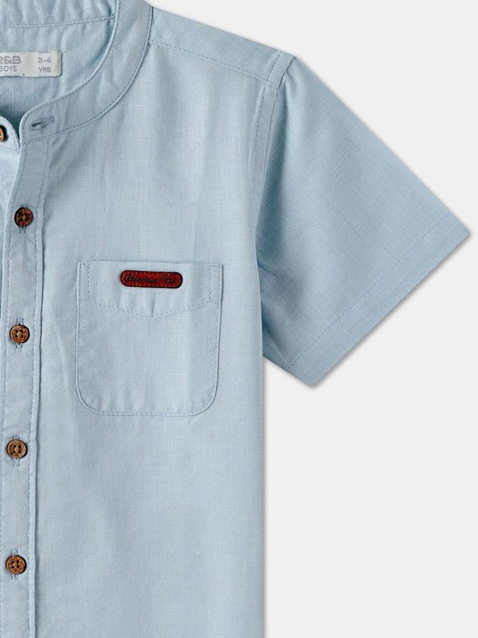 R&B Boys Navy Blue Solid Half Sleeves Mandarin Collar Relaxed Fit Shirt
