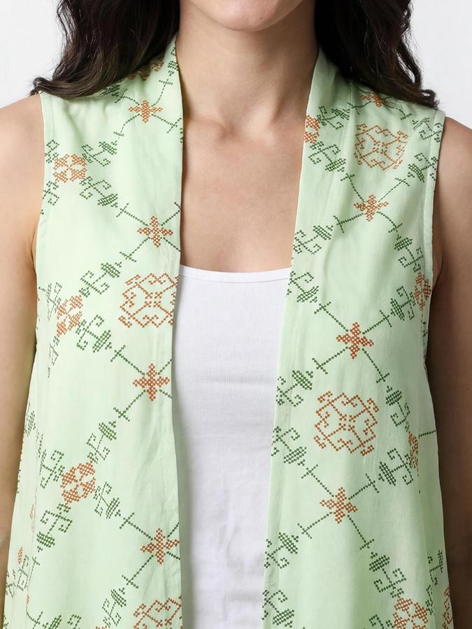 R&B Womens Green Printed Round Neck Sleeveless Tops 