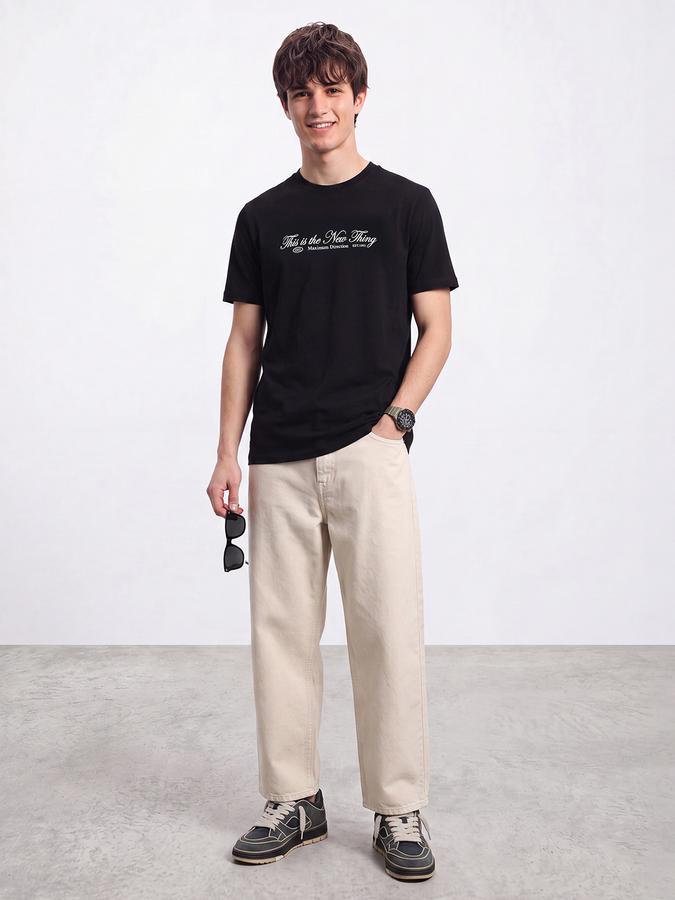 R&B Men Black Typographic Print Short Sleeves Pure Cotton Tshirt