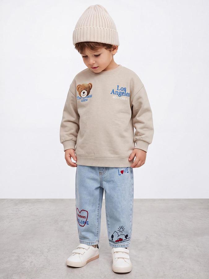 R&B Boys Beige Front & Back Teddy Print Round Neck Long Sleeves Regular Fit Sweatshirt