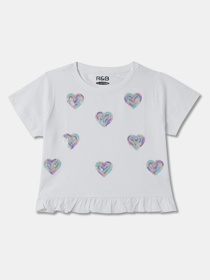 Girls Cotton Regular Fit Crew Neck Short Sleeve Embellished Top