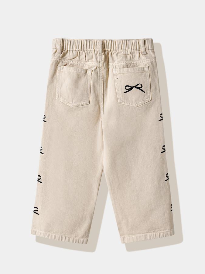 Girls Cotton Regular Fit Button Waist Bow Detail Trousers