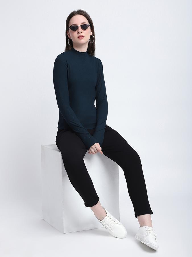 R&B Women Teal Solid High-Neck Top