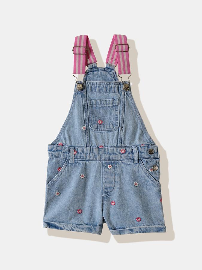 Girls Denim Regular Fit Embroidered Adjustable Strap Dungarees