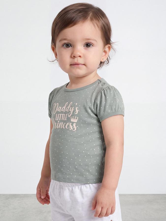 R&B Girls Green Typography Print Short Sleeves Round Neck Pure Cotton T-Shirt