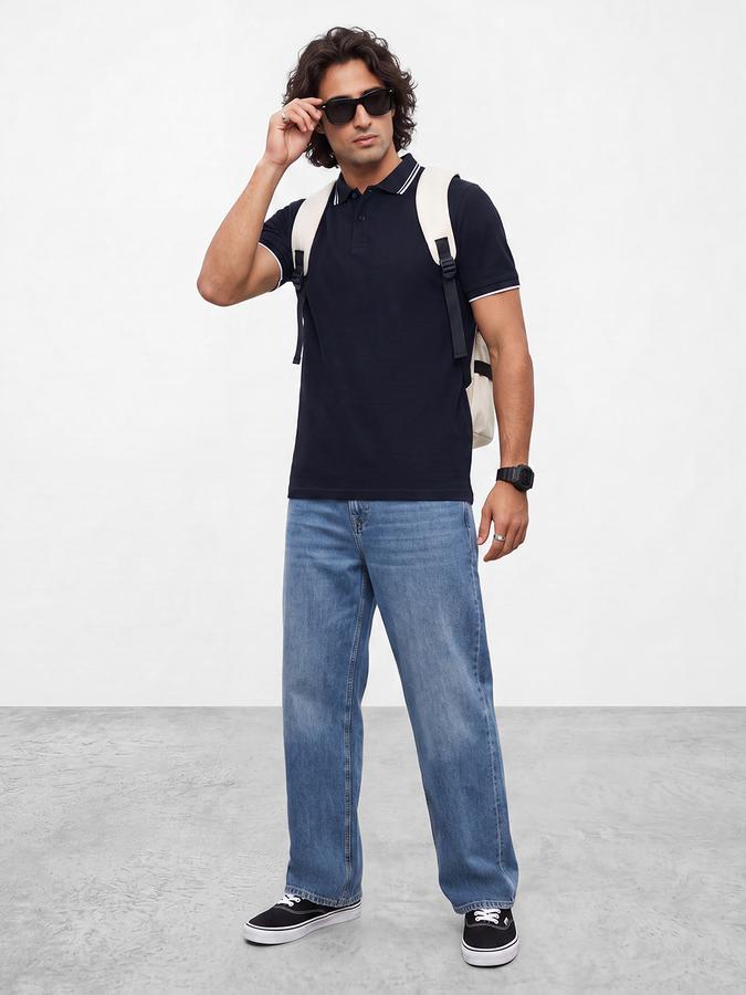 R&B Men Navy Blue Textured Short Sleeves Tipping Polo Collar Tshirt
