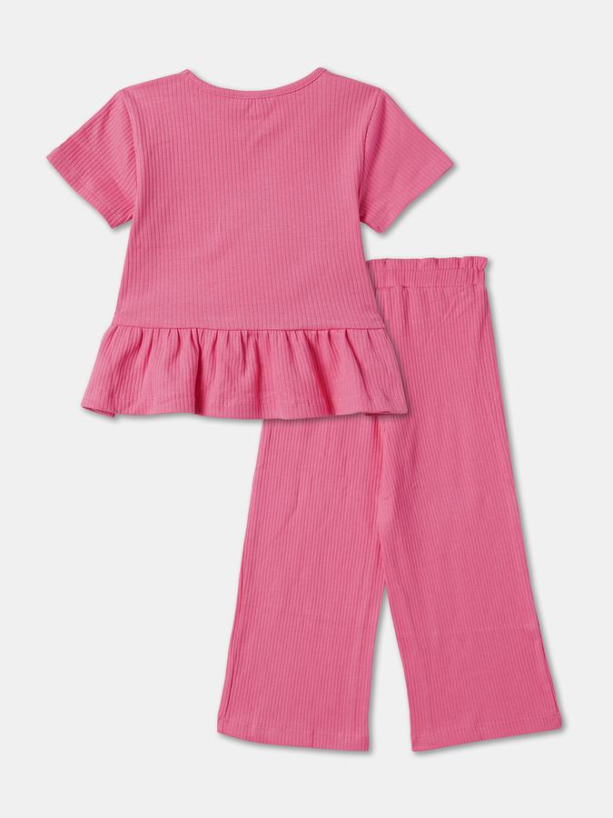 Girls Solid Short Sleeve Ribbed Top with Trousers Set