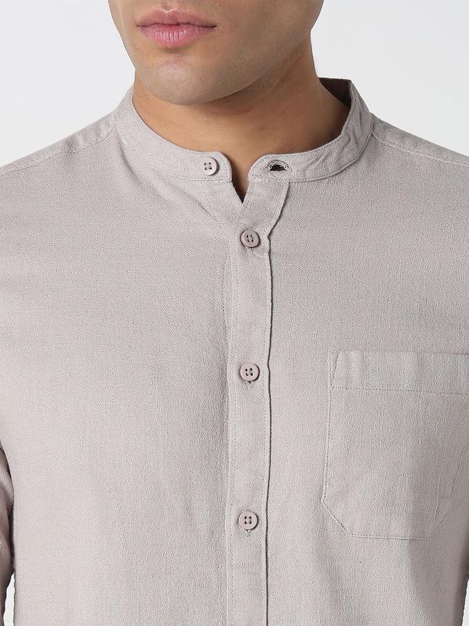 R&B Men Grey Solid Long Sleeves Mandarin Collar Slim Fit Shirt