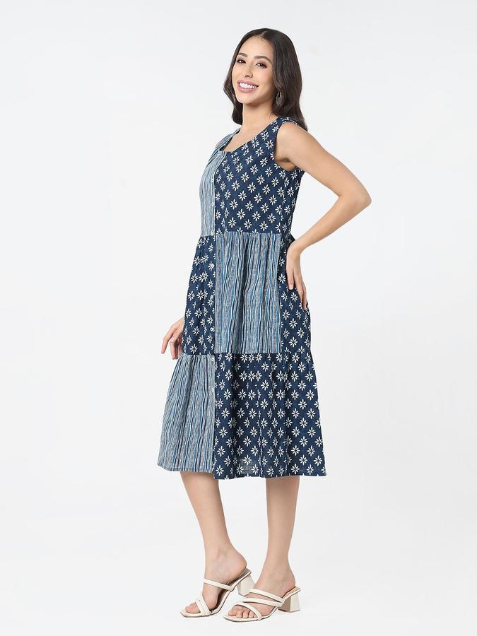 R&B Women Blue Patchwork Sleeveless Round Neck Midi A-Line Dress