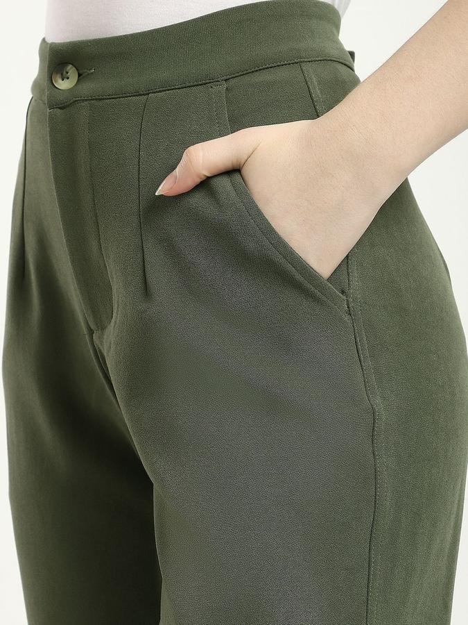 R&B Women Olive Solid Regular Fit Trousers