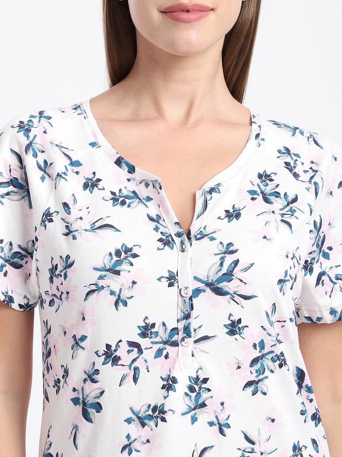 Women Cotton Regular Fit Round Neck Printed Night Shirt