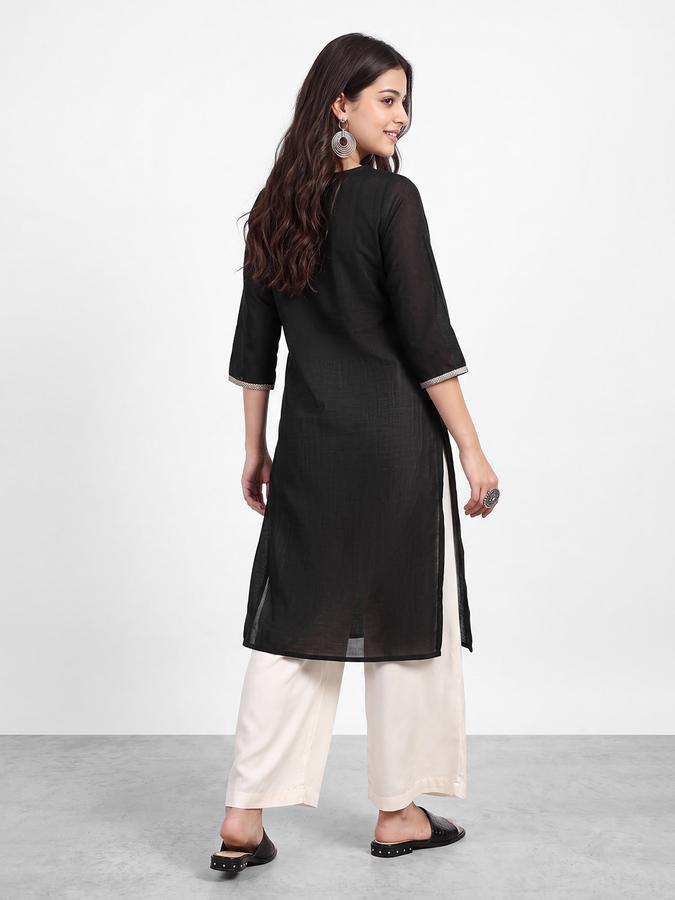 R&B Womens Black Three-Quarter Sleeves Round Neck Floral Embroidery Straight Kurta