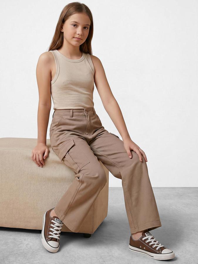 R&B Girl's Beige Regular Fit Cargos Trousers