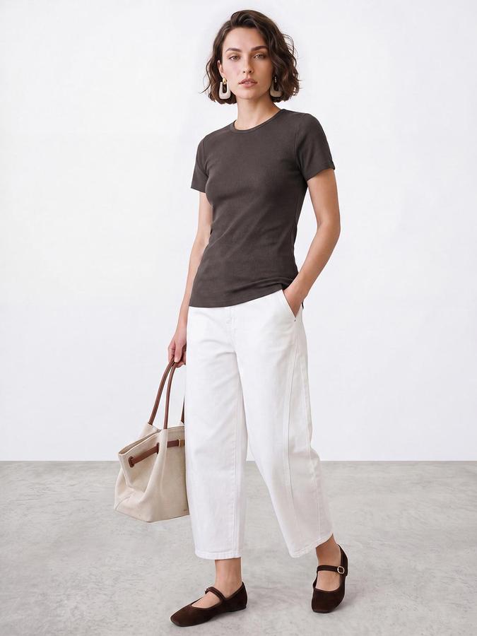 R&B Women Brown Short Sleeve Round Neck Solid T-Shirt
